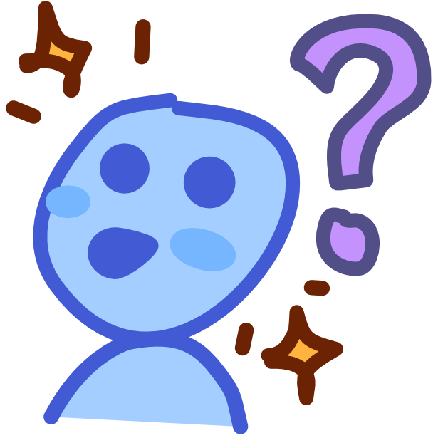 a blue figure with wide circular eyes and a round smiling mouth has its head turned slightly to the left and looking up, there are some sparkles around its head and a purple question mark to its right. The image has dark line art.